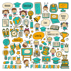 Vector doodle set with children Language school isolated on white background