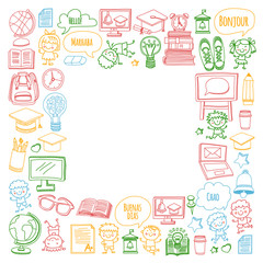 Vector doodle set with children Language school isolated on white background