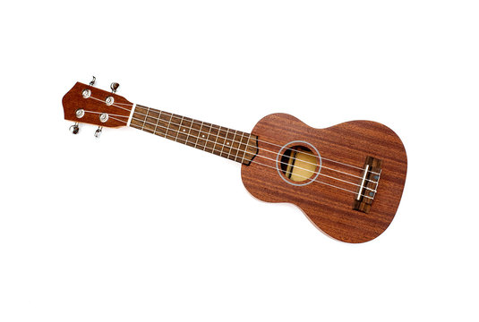 The brown ukulele on the white background