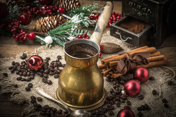 Turkish coffee in copper coffe pot