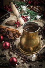Turkish coffee in copper coffe pot