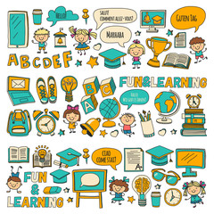 Vector doodle set with children Language school isolated on white background