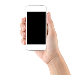 Hand holding smartphone with blank screen isolated on white background
