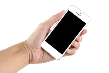 Hand holding smartphone with blank screen isolated on white background