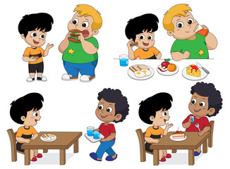 Set of Kid eating delicious food with friends.Vector and illustration.