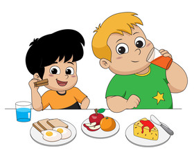 Kid eating and talking with friends.Vector and illustration.