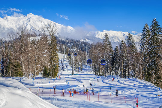 KRASNAYA POLYANA, SOCHI, RUSSIA &ndash; JANUARY 31, 2016: "Laura, GAZPROM" &ndash; the mountain and tourist center. Near Sochi, Russia on January 31, 2016.