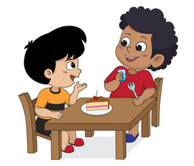 Kid eating and talking with friends.Vector and illustration.