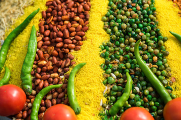 Closeup vegetarian Indian dish with peas and beans