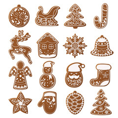 Set of christmas gingerbread decorated cookies. Christmas tree, snowflakes, gifts. Winter holidays. Vector Illustration EPS10.