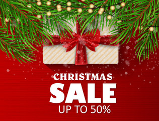 Christmas sale on a beautiful background. Christmas tree and toys, gifts. Vector illustration