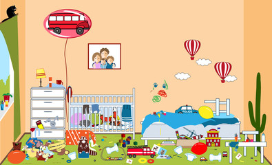 Kids untidy and messy room. Child scattered toys and clothing. Room where two little boys live. Mess in the house. Vector illustration