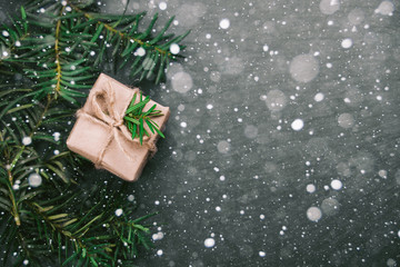 Christmas handmade  presents with ribbon on wooden background