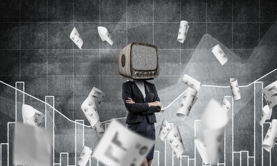 Business woman with old TV instead of head.