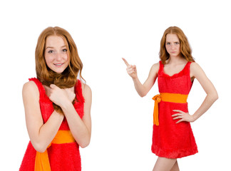 Pretty young girl in red dress isolated on white