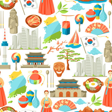 South Korea seamless pattern. Korean traditional symbols and objects