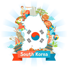 South Korea map design. Korean traditional symbols and objects