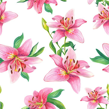 Pink Lilies.Watercolor Seamless pattern