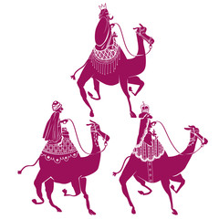 THE THREE WISE MEN. MELCHOR, GASPAR AND BALTASAR AND THEIR CAMELS.
Christmas elements. Illustrations and designs.