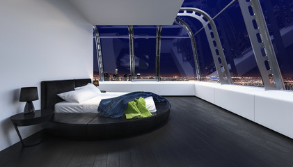 Bed in luxury bedroom with wide window