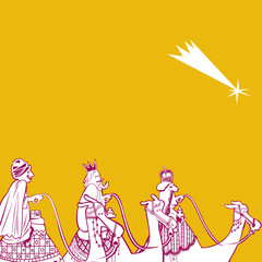 THE THREE WISE MEN. MELCHOR, GASPAR AND BALTASAR FOLLOW THE SHOOTING STAR.
Christmas elements. Illustrations and designs.