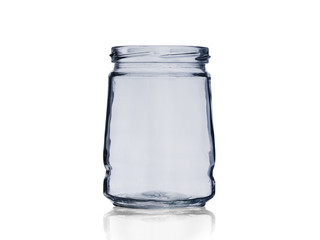 empty glass jar open isolated on white background with shadow