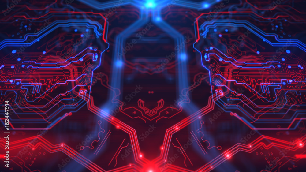  technology background. circuit board futuristic server code processing. pcb, code, html. blue and re