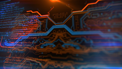 Technology Terminal Background. Orange, yellow, blue, background with digital integrated network technology. Printed circuit board. Circuit board futuristic server code processing. PCB, Code, HTML.