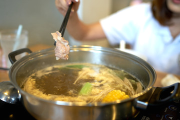 Pork sliced dipping into boiled water, Shabu Shabu