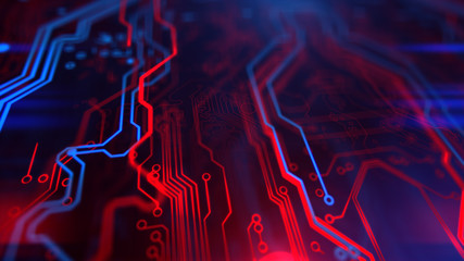 Technology Terminal Background. Digital red blue backdrop. Printed circuit board. Technology wallpaper. 3D illustration. Circuit board futuristic server code processing.