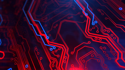 Red and Blue Digital Integrated Technology. Technological background. PCB. Printed circuit board. Computer motherboard. 3d illustration.