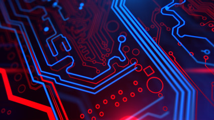 Red and Blue Digital Integrated Technology. Technological background. PCB. Printed circuit board. Computer motherboard. 3d illustration.
