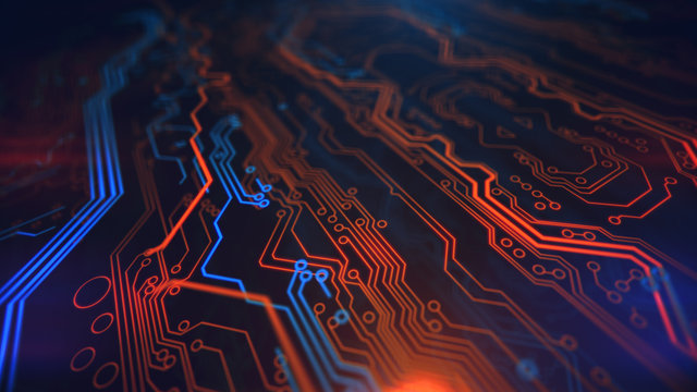 Orange Yellow and Blue Digital Hardware Technology. Computer background. PCB. Printed circuit board. Computer motherboard. 3d illustration.