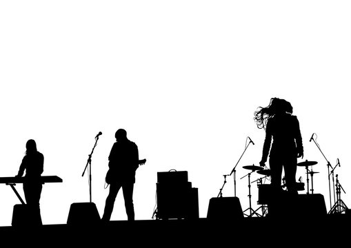 Musical group in concert on stage on white background