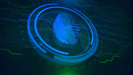 Access control. Fingerprint security. Cybersecurity and information technology. Blue, green background with digital integrated network technology. Printed circuit board. Technology background.