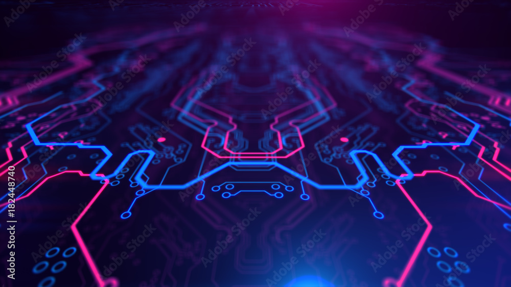 Wall mural purple, violet, blue neon background with digital integrated network technology. printed circuit boa