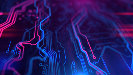 Purple, violet, blue neon background with digital integrated network technology. Printed circuit board. 3D illustration. Circuit board futuristic server code processing. PCB, Code, HTML.