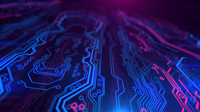 Purple, violet, blue neon background with digital integrated network technology. Printed circuit board. 3D illustration. Circuit board futuristic server code processing. PCB, Code, HTML.