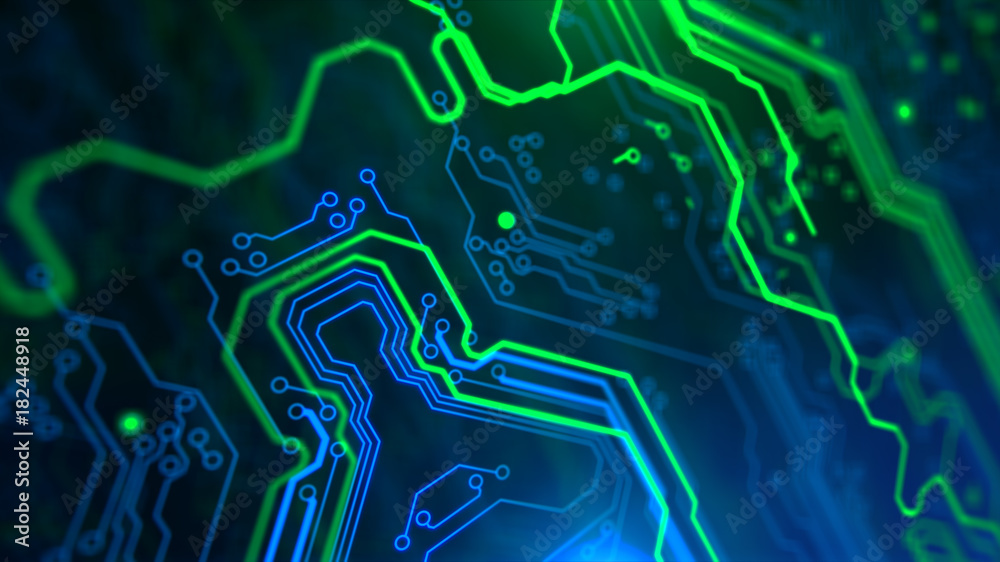 Poster Abstract Technology background Circuit board futuristic server code processing PCB, Code, HTML Blue, green background with digital integrated network technology Printed circuit board