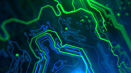 Abstract Technology background Circuit board futuristic server code processing PCB, Code, HTML Blue, green background with digital integrated network technology Printed circuit board