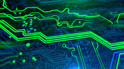 Green and Blue Motherboard Technology . Digital inegrated technology. Printed Circuit board. PCB. 3d illustration.