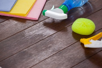 Cleaning equipments arranged on wooden floor