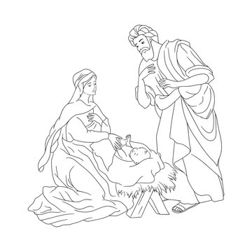 Vector coloring book. Christmas scene. Nativity. Holy family, Joseph, Mary and newborn Jesus drawing in kids style.