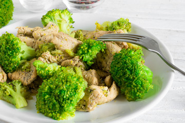 chicken fillet with broccoli in a plate with fork
