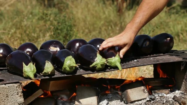 Hand placing eggplants on a baking plate over an open fire - closeup, slow camera slide