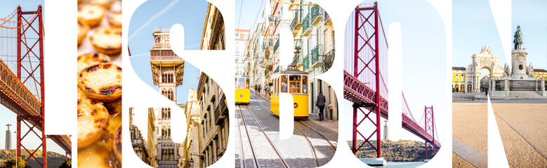 Fototapeta premium Lisbon letters filled with pictures of famous places and traditional portuguese food in Lisbon city, Portugal