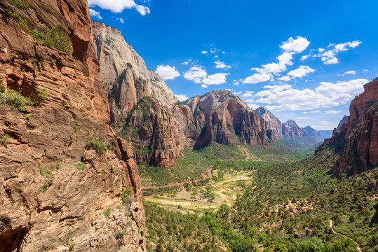 Hiking in beautiful scenery in Zion National Park along the Angel's Landing trail, View of Zion Canyon, Utah, USA