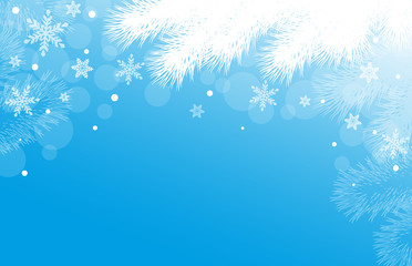Fototapeta na wymiar Blue New Year or Christmas background with fir branches and snowflakes