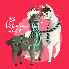 Cartoon llamas in love. Valentine day cute, adorable and funny card. Llamas in scarfs and bow kissing surrounded by flying hearts. Romantic vector illustration with calligraphy