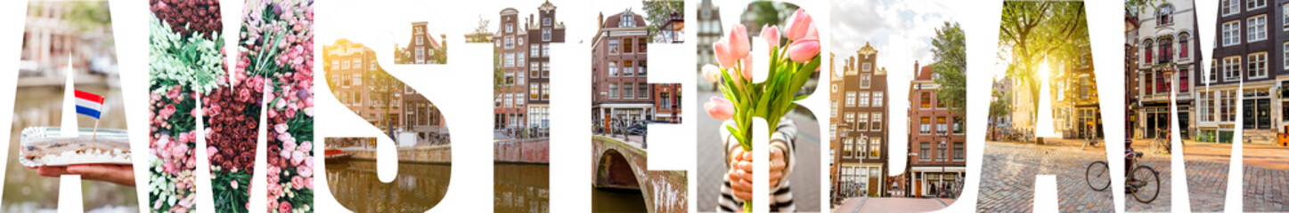AMSTERDAM letters filled with pictures of famous places and cityscapes in Amsterdam city, Netherlands